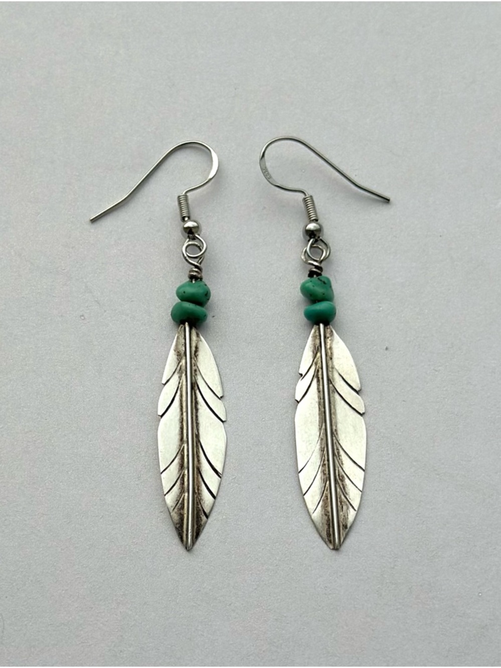 Indigenous Turquoise Bead Sterling Silver Feather Drop Earrings